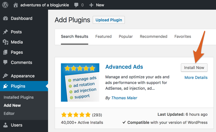 Install the Advanced Ads plugin from the WordPress dashboard