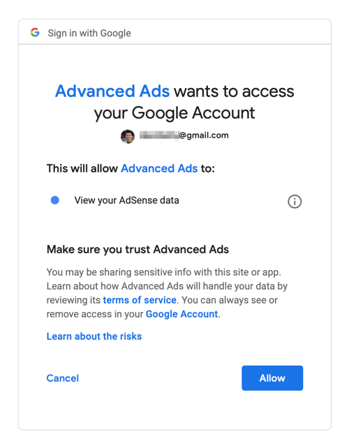Advanced Ads wants to access your Google Account